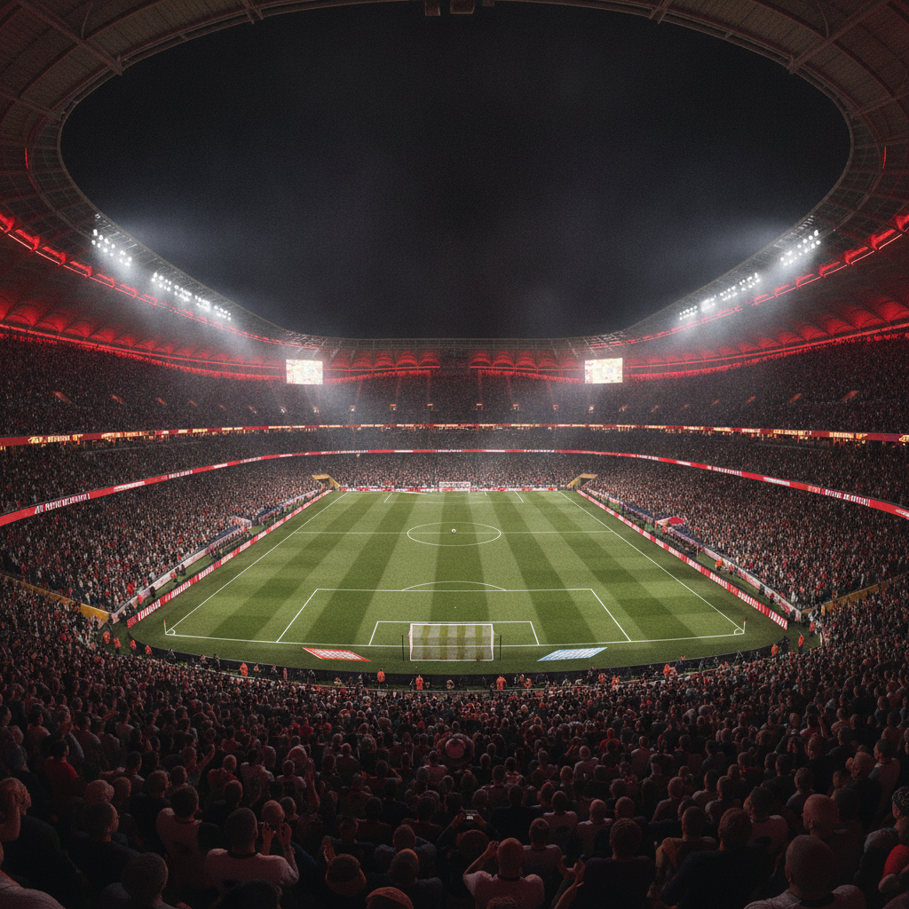 Football stadium at night under vibrant floodlights
